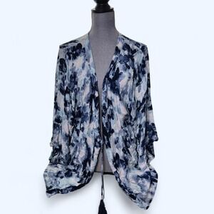 Aakaa Blue Watercolor Floral Tassel Kimono Cover Up OS* Oversized Boho Art Beach